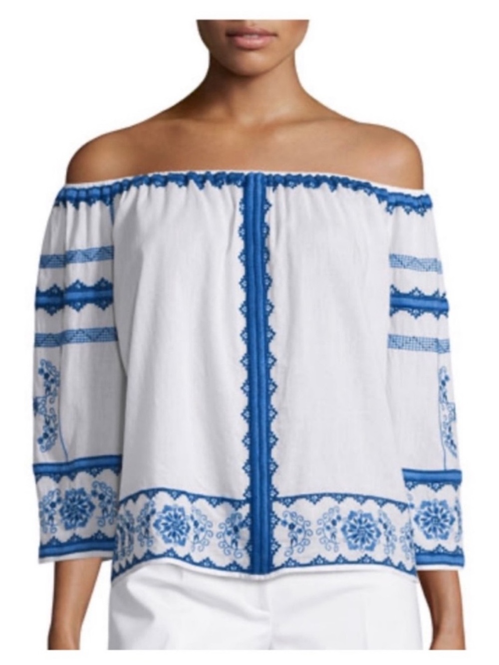 Love Sam White Off-Shoulder Blouse with Blue Embroidery